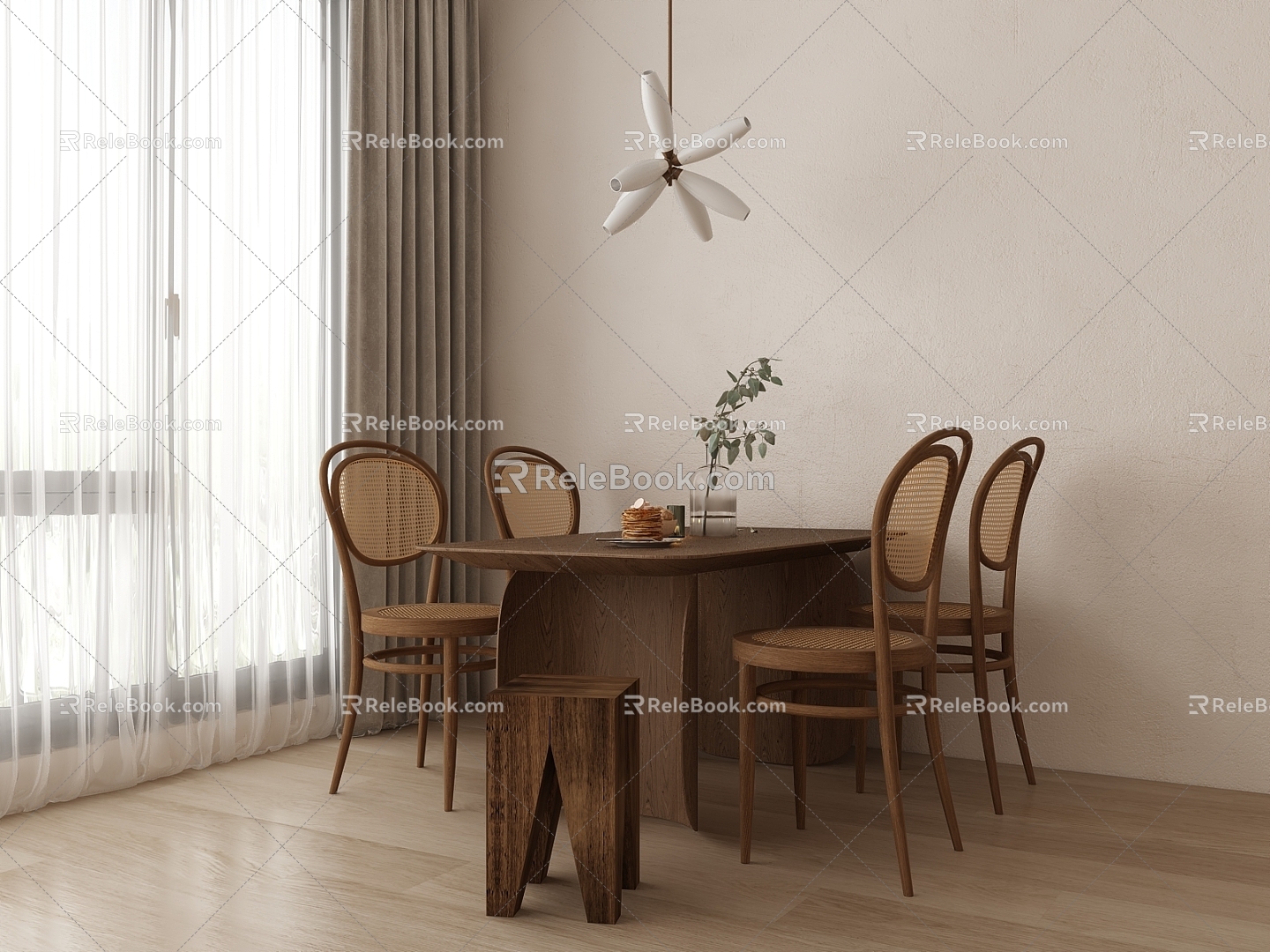 Nordic Dining Table and Chair Combination Dining Table and Chair Dining Table Chandelier Wood Floor Gauze Curtain model