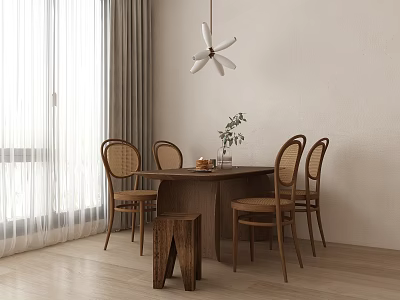 Wooden Dining Table Set with Four Chairs Small Vase Green Plants and White Pendant Light 3d model