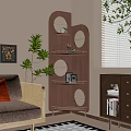 Wooden Layered Shelf With Circular Design In Living Room With Plants And Decorations