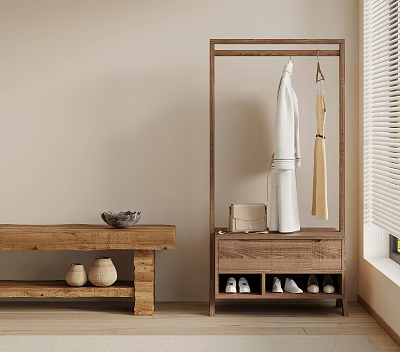 Natural Style Entryway With Wooden Coat Rack Bench Shoes Handbag And Vases 3d model