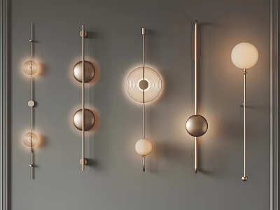 Modern Wall Sconces with Round Shades and Metallic Frames Mounted on Gray Wall 3d model