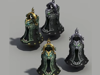 Four Decorative Hardware Tools With Metallic Black Green Gold Ornamental Scale Patterns 3d model