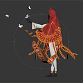 Costumed Figure In Red Gold Attire With Golden Headdress Holding White Bird And Floating Feathers