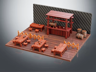 Cartoon Scene of Outdoor Wooden Tavern with Kiosk Tables Benches Barrels Fences and Brick Wall 3d model