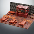 Cartoon Scene of Outdoor Wooden Tavern with Kiosk Tables Benches Barrels Fences and Brick Wall