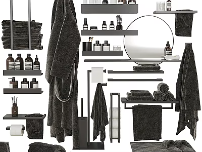 Essential Bathroom Accessories Collection With Towels Bathrobes Toiletries Shelves Mirror And Holder 3d model