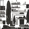 Essential Bathroom Accessories Collection With Towels Bathrobes Toiletries Shelves Mirror And Holder