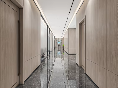 Sleek Modern Office Corridor Featuring Wooden Walls Polished Floors And Recessed Lighting 3d model