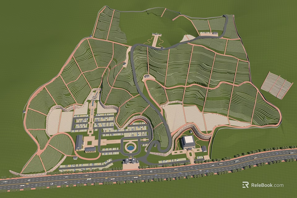Birds Eye View Planning Of Agricultural Fields Road Network And Building Layout Design 3d model 