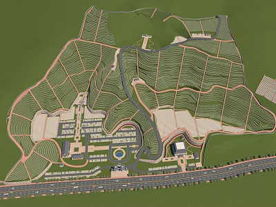 Birds Eye View Planning Of Agricultural Fields Road Network And Building Layout Design 3d model
