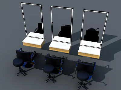 Three Massage Chairs With Mirrored Frames And Black Barber Seats Below 3d model