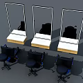 Three Massage Chairs With Mirrored Frames And Black Barber Seats Below 3d model