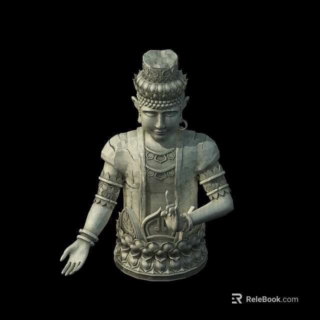 Intricate Stone Buddha Sculpture With Ornate Headdress Robe And Lotus Base 3d model 
