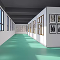 Brightly Lit Gallery Corridor With Artworks On Both Walls And Green Floor