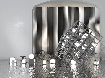 Modern Shower Sauna Interior Design With Metallic Striped Walls And Geometric Light Fixtures 3d model