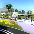 Colorful Circular Children's Play Area With Trees Slide And Kids Playing On Lawn