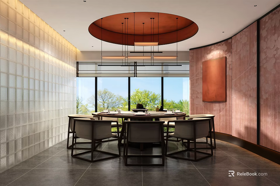Elegant Private Dining Room With Round Table Chairs Large Windows And Pendant Lights 3d model
