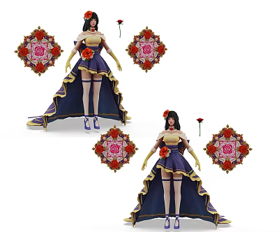 Game Movie Female Character In Blue Purple Dress With Gold Trim Red Roses Diamond Ornaments 3d model