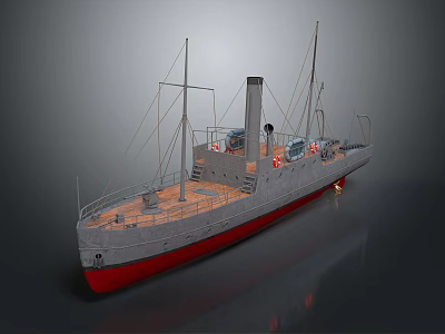 Vintage Steamship Model with Masts Chimney and Gray Red Hull Deck 3d model