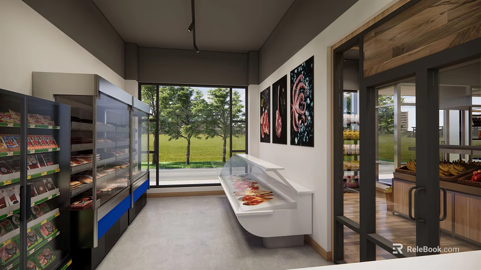 Supermarket Interior With Refrigerated Display Case Open Counter Wall Art Large Windows And Green View 3d model 