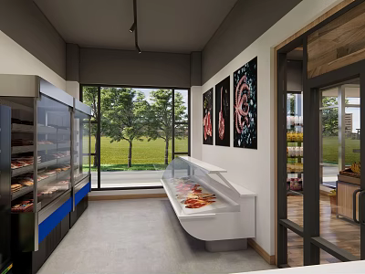 Supermarket Interior With Refrigerated Display Case Open Counter Wall Art Large Windows And Green View 3d model