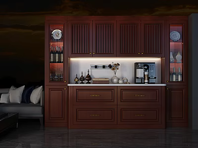Modern Wooden Sideboard with Cabinets Drawers Glass Doors Holding Wine Coffee Machine and Decorative Items 3d model