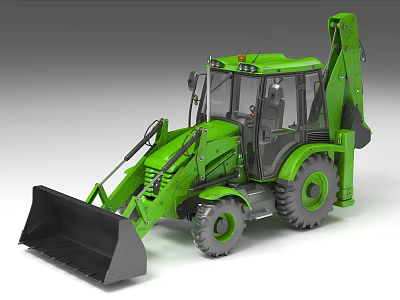 Green Compact Utility Vehicle With Enclosed Cab Front Loader Bucket And Backhoe Arm 3d model