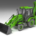 Green Compact Utility Vehicle With Enclosed Cab Front Loader Bucket And Backhoe Arm 3d model