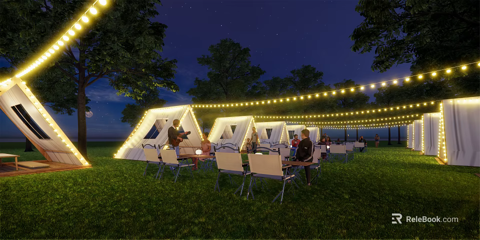 Garden Landscape At Night With White Tents String Lights And People Sitting On Grass 3d model 
