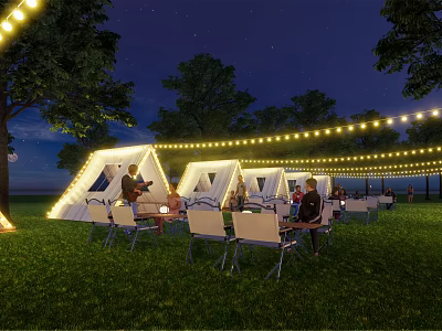 Garden Landscape At Night With White Tents String Lights And People Sitting On Grass 3d model