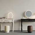 Elegant White And Black Dressing Tables With Decorative Lamp Round Mirror And Stools