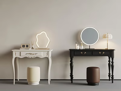 Elegant White And Black Dressing Tables With Decorative Lamp Round Mirror And Stools 3d model