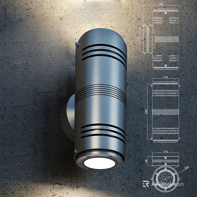 Modern Industrial Silver Metal Wall Light With Striped Design And Structural Engineering Blueprints 3d model 
