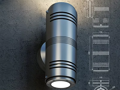 Modern Industrial Silver Metal Wall Light With Striped Design And Structural Engineering Blueprints 3d model