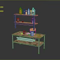 Blue Storage Shelf And Light Workbench Setup With Various Bottles Containers And Tools On Top 3d model