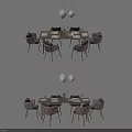 Modern Dining Table Set with Wicker Chairs Rectangular Table and White Pendant Lights 3d model