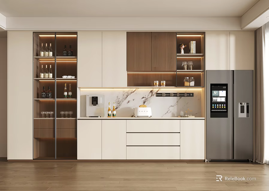 Modern Kitchen Wine Cabinet With Glass Doors Wooden Cabinets And Marble Countertop 3d model 