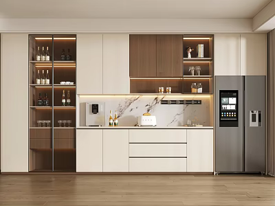 Modern Kitchen Wine Cabinet With Glass Doors Wooden Cabinets And Marble Countertop 3d model