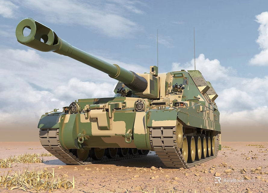Camouflage Armored Tank With Long Barrel On Desert Terrain Under Blue Sky 3d model 