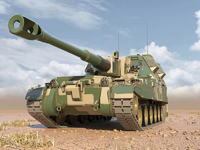 Camouflage Armored Tank With Long Barrel On Desert Terrain Under Blue Sky 3d model