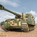 Camouflage Armored Tank With Long Barrel On Desert Terrain Under Blue Sky