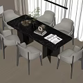 Modern Dining Table Set With Six Gray Chairs Decorative Fruit Bowl Potted Plant And Open Book