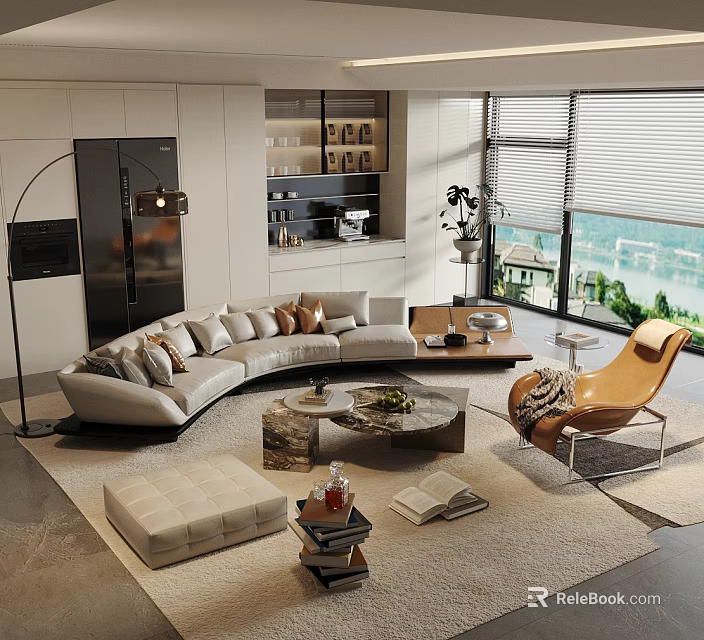 Modern Light Luxury Curved Sectional Sofa And Coffee Table Set For Bright Spacious Living Room 3d model 
