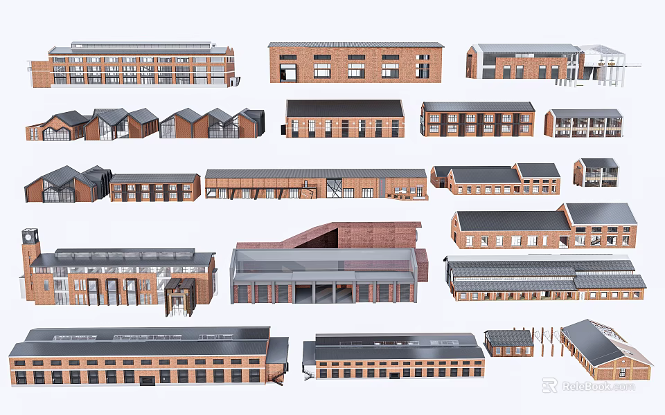 Various Industrial Factory Building Designs With Different Roofs And Window Structures 3d model 