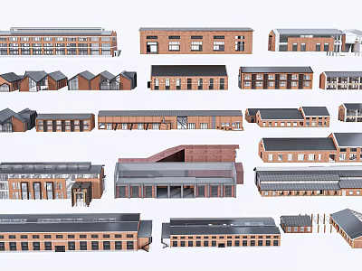 Various Industrial Factory Building Designs With Different Roofs And Window Structures 3d model