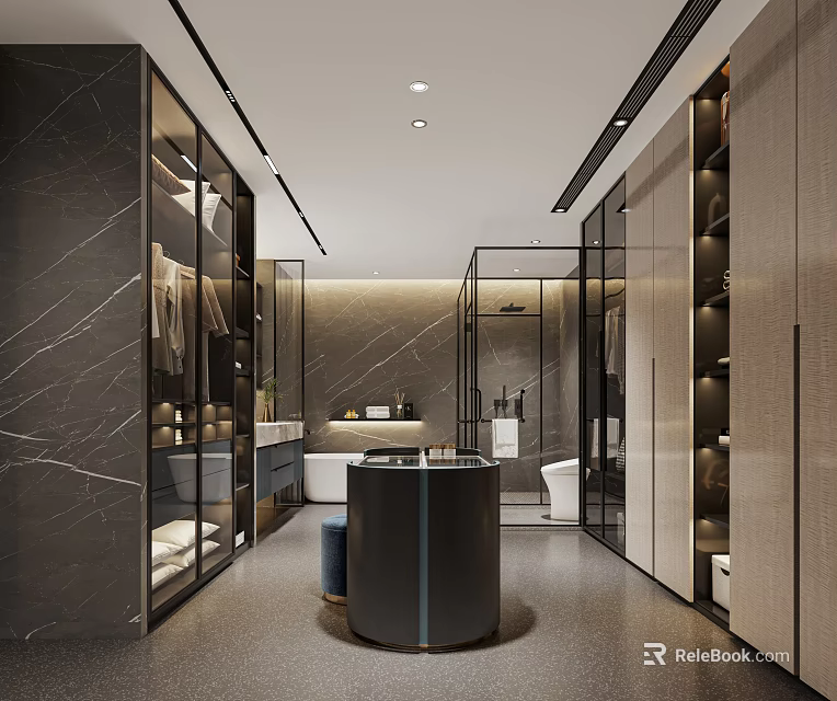 Modern Walk in Closet With Marble Walls Glass Door Cabinets Central Island Counter Lighting Design 3d model 