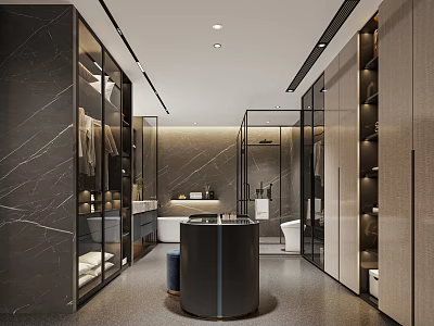 Modern Walk in Closet With Marble Walls Glass Door Cabinets Central Island Counter Lighting Design 3d model