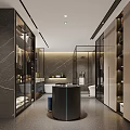 Modern Walk in Closet With Marble Walls Glass Door Cabinets Central Island Counter Lighting Design