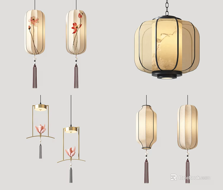 Elegant Modern Chinese Chandeliers With Lantern Design Tassels And Floral Patterns 3d model 