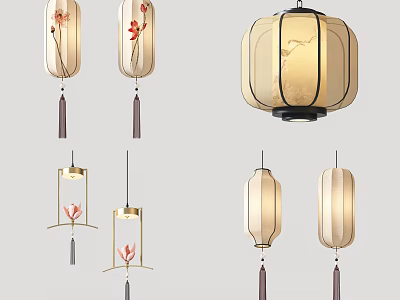 Elegant Modern Chinese Chandeliers With Lantern Design Tassels And Floral Patterns 3d model